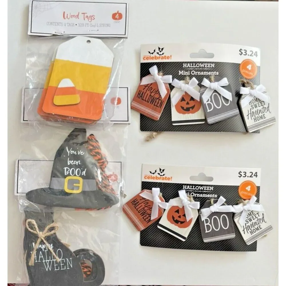 5 Target Bullseye & Celebrate! Wood Halloween Ornament Tags Cat Witch Candy Corn